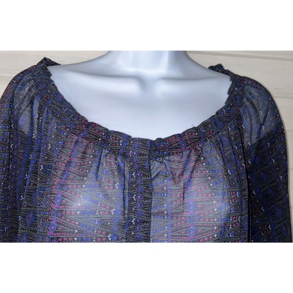 AMERICAN EAGLE Sz MEDIUM Poly Chiffon Peasant Blouse Tunic Blue Pink EUC - Picture 3 of 10